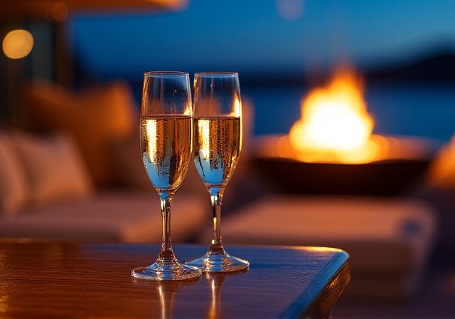 Luxury yacht deck at night with golden ambient lighting