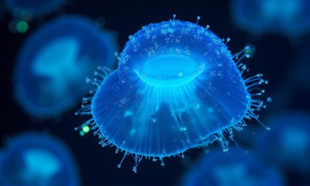 Bioluminescent plankton glowing in the dark sea water