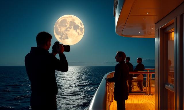 A photographer capturing the moon over the ocean at night
