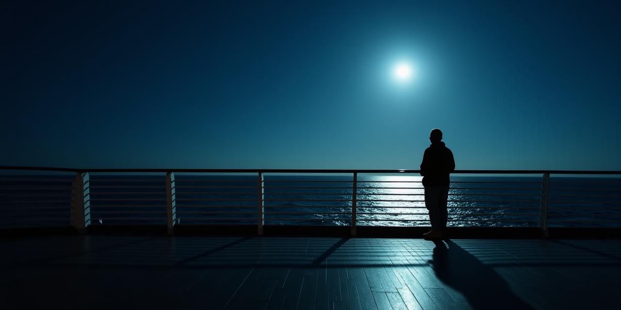 A dramatic silhouette of a ship deck against a moonlit ocean horizon