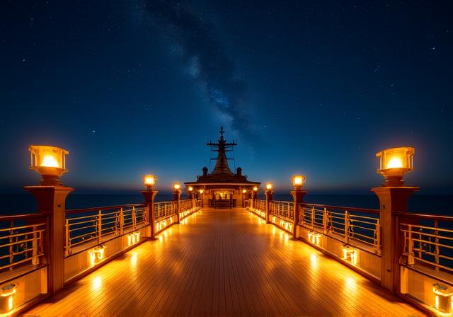 Luxury cruise deck at night with elegant golden lighting and stars