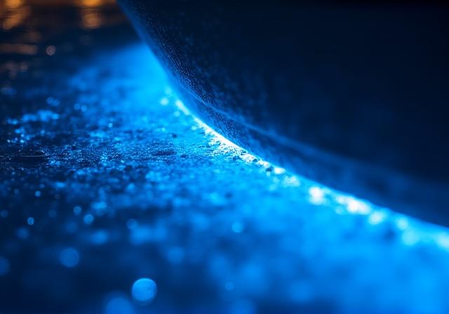 Bioluminescent plankton glowing blue in dark ocean water