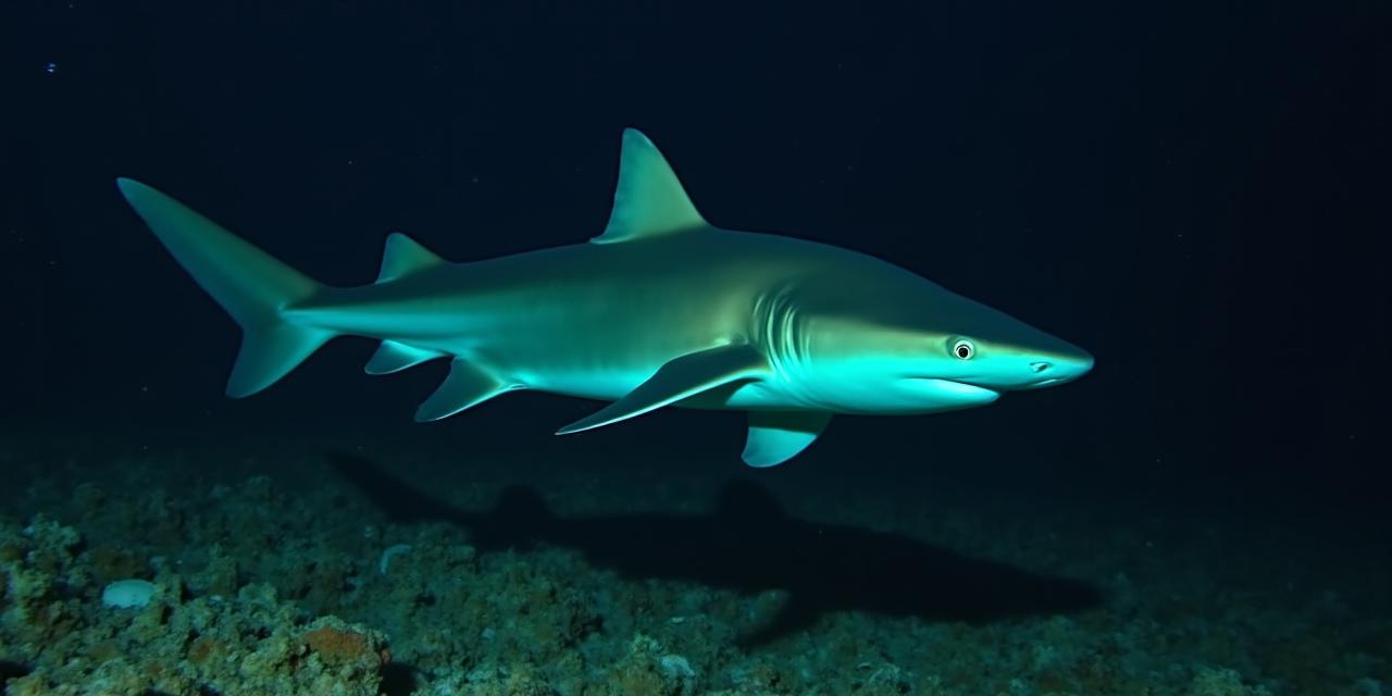 A reef shark swimming through dark tropical coral waters at night