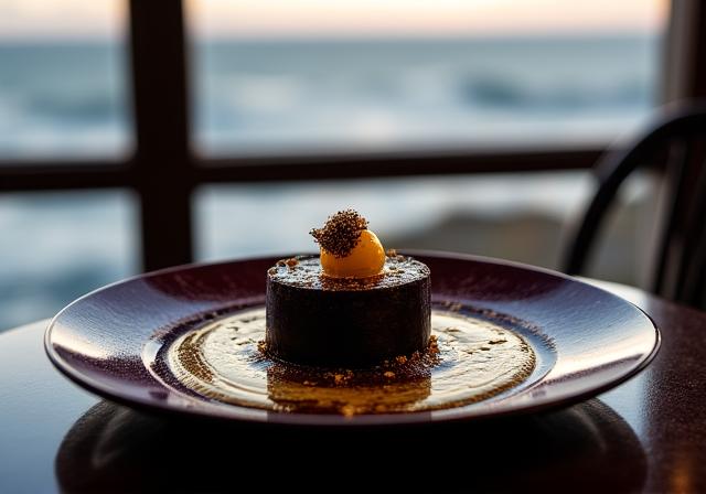 Elegant late-night dining with golden accents and dark mood