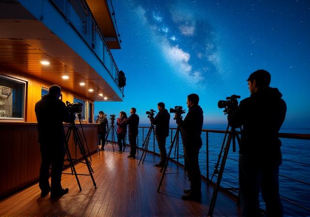 Photographers capturing the Milky Way from a ship deck