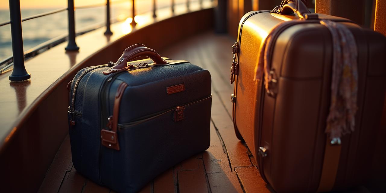 Luxury luggage with golden hour shadows on a cruise deck