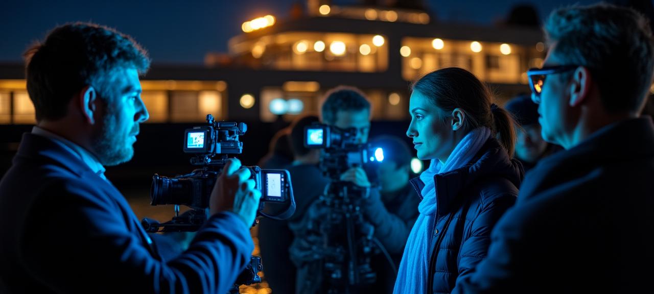 Guests on a dark ship deck learning photography from an expert during a nocturnal voyage