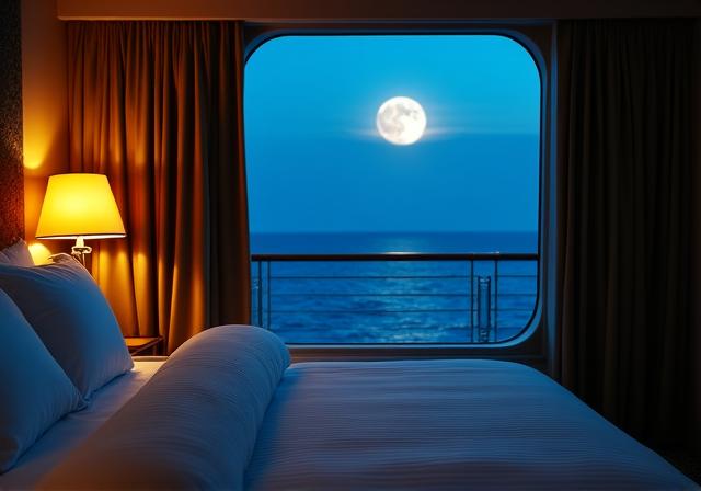 Luxury cruise stateroom at night with dim golden lighting